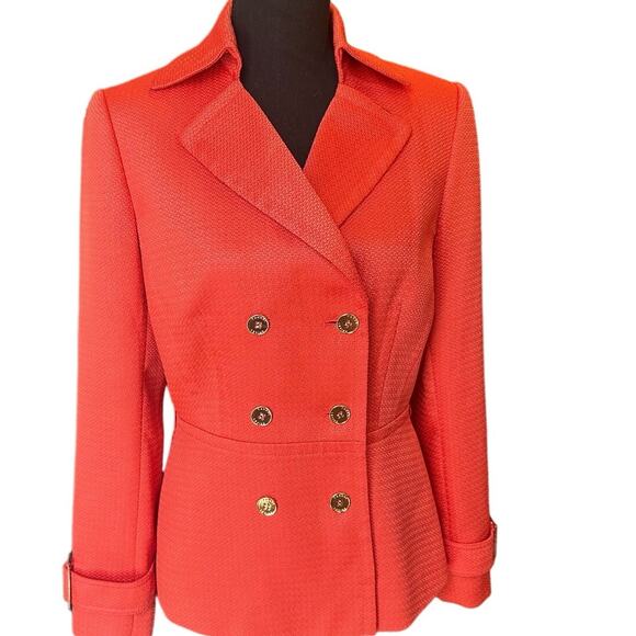 Tahari ASL Double Breasted Blazer w/ Belted Cuffs & Gold Buttons Orange Red SZ.4 - Picture 1 of 16
